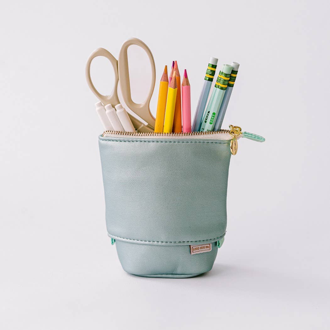 Luxe Standing Pencil Pouch | Metallic Blue Sky