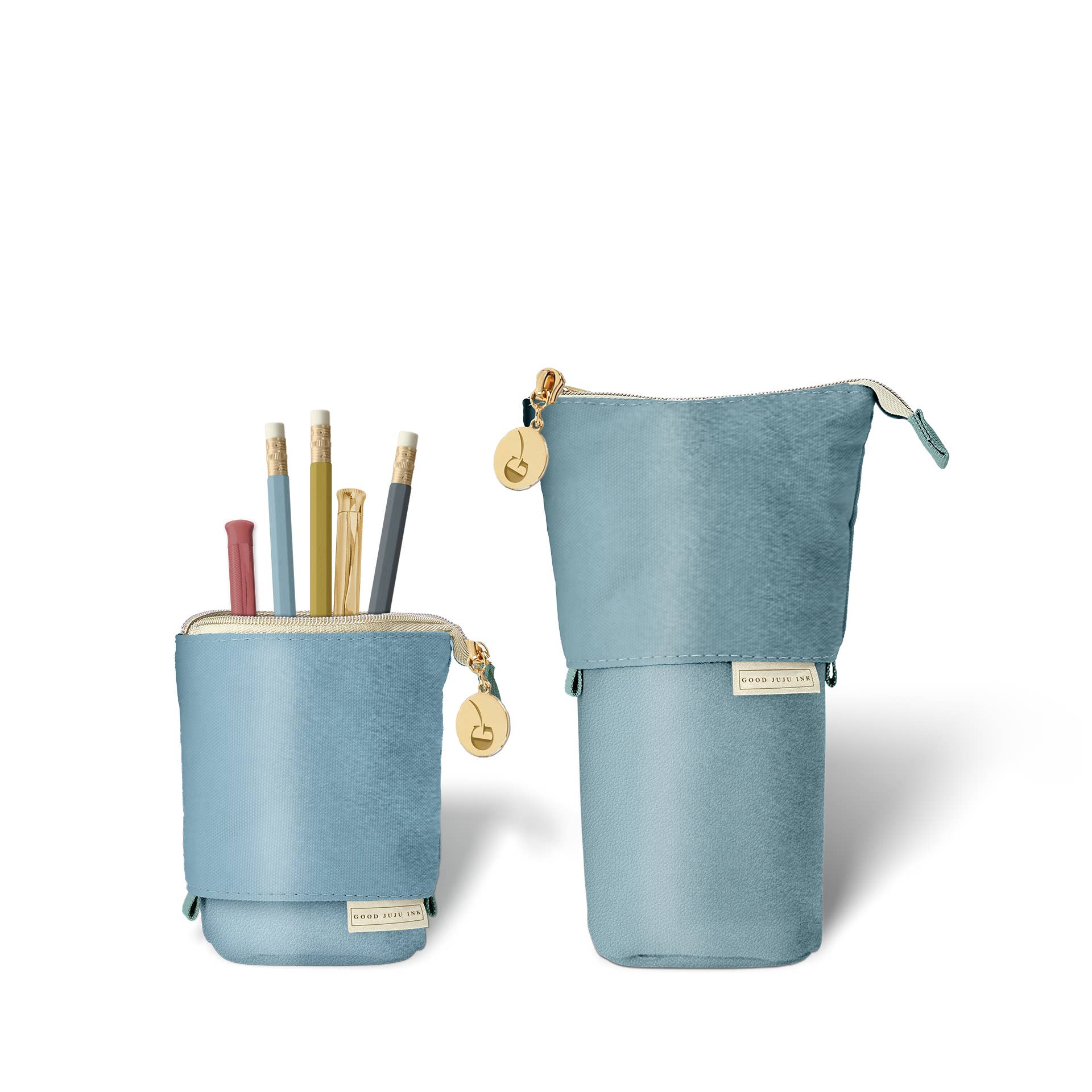 Luxe Standing Pencil Pouch | Metallic Blue Sky