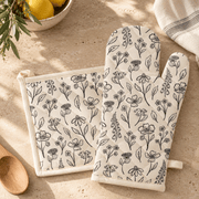 Beige Floral Oven Mitt & Pot Holder Set