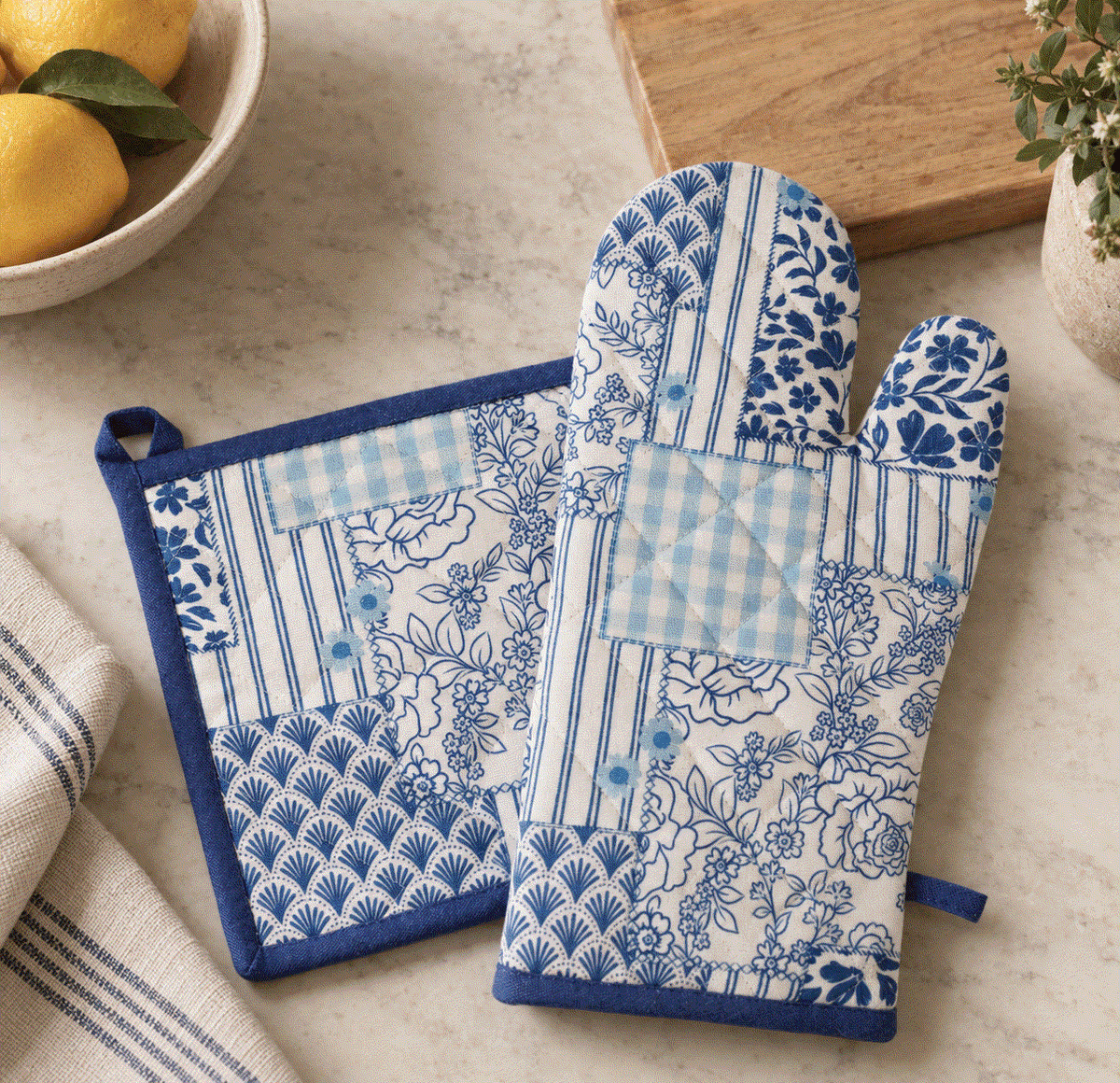 Blue Patchwork Oven Mitt & Pot Holder Set