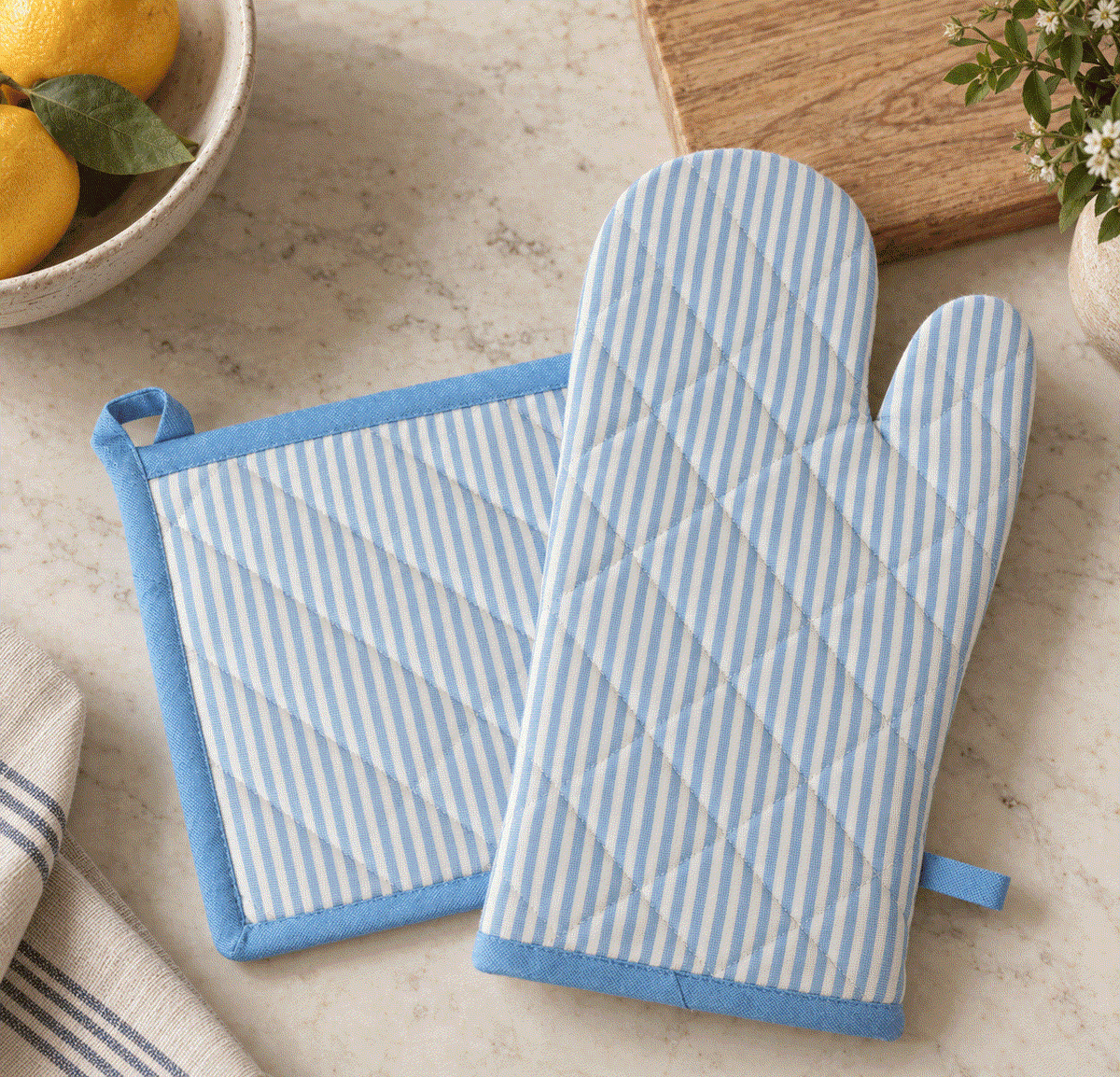 Light Blue Stripe Oven Mitt & Pot Holder Set
