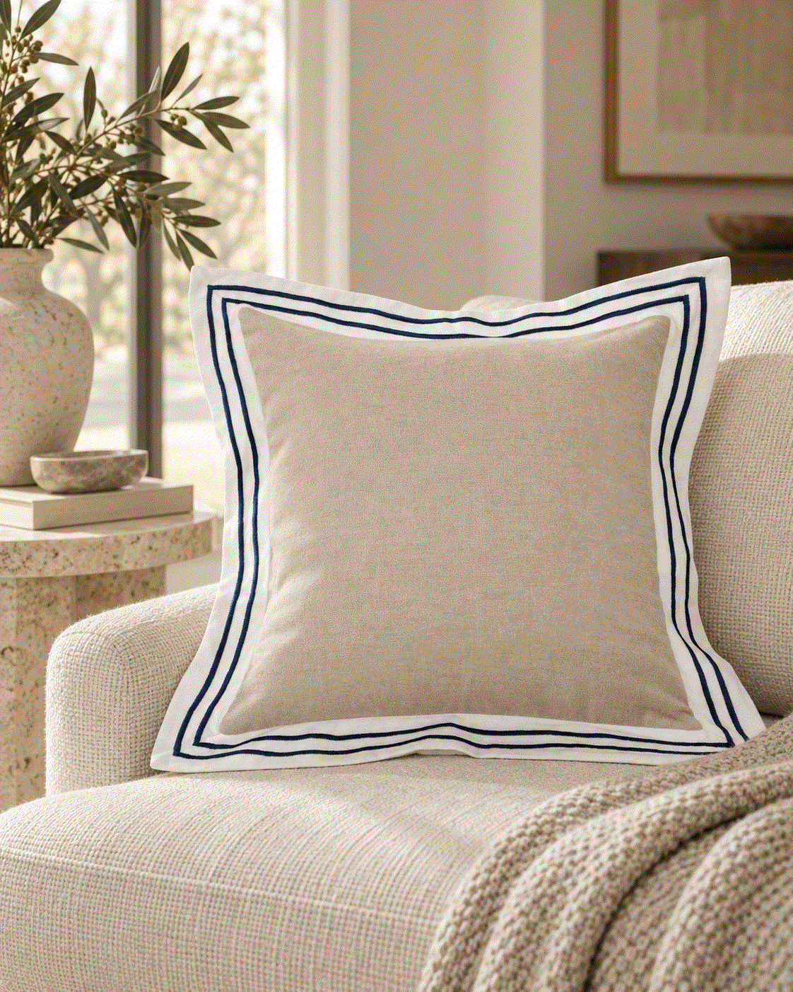Natural & Navy Border Throw Pillow