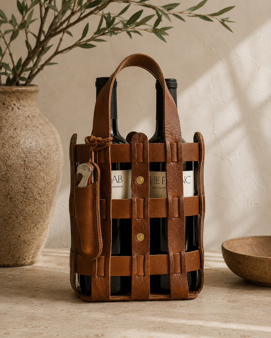 Full-Grain Leather Wine Tote