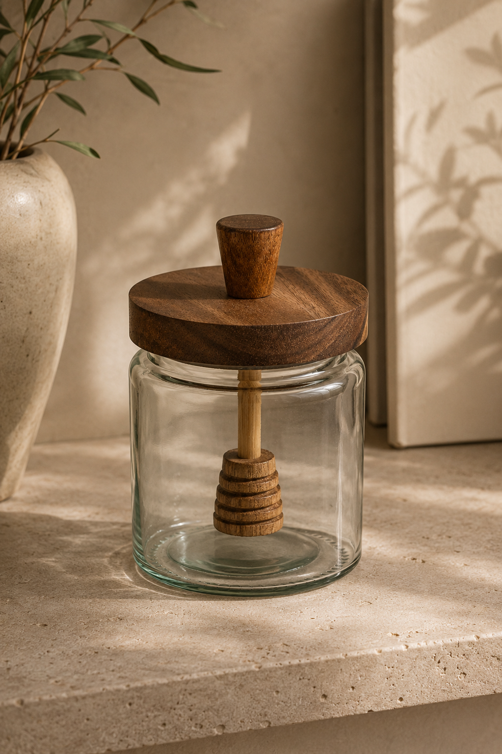 Glass Honey Jar with Acacia Dipper Lid