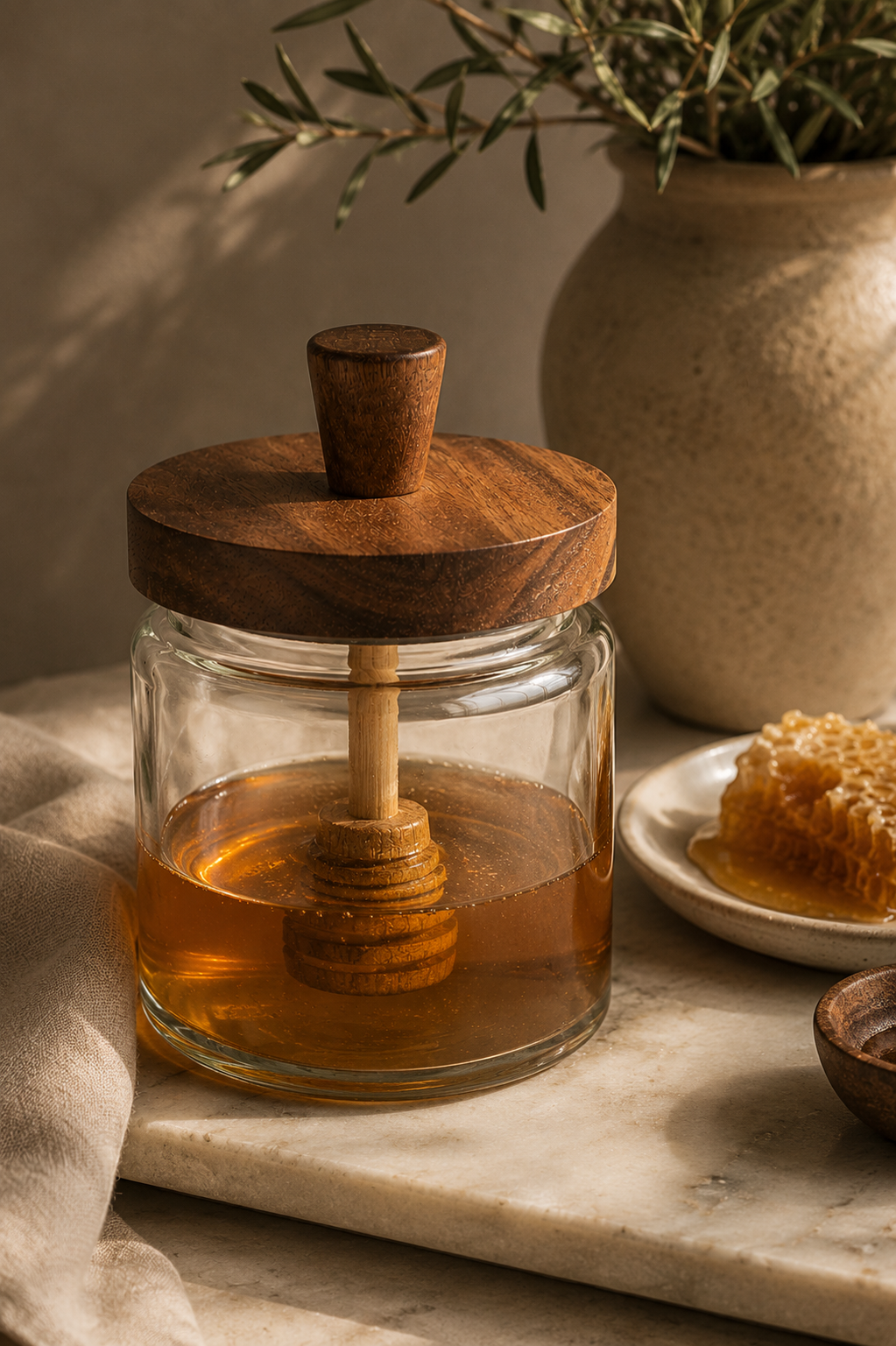 Glass Honey Jar with Acacia Dipper Lid