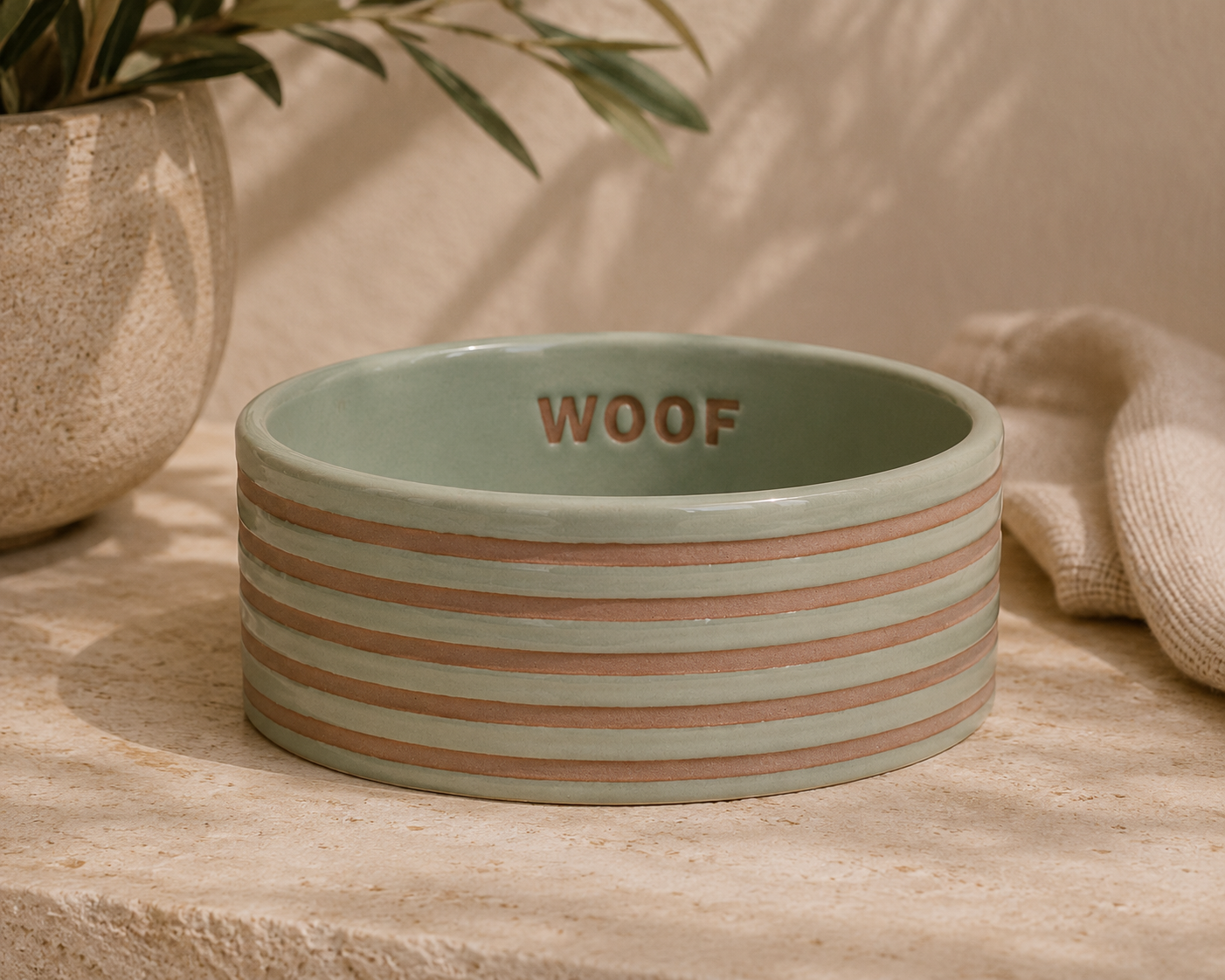 Striped Stoneware Pet Bowl | Sage