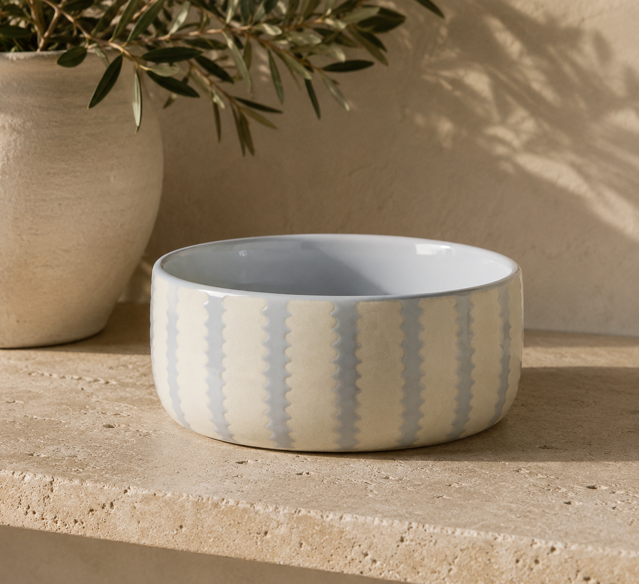 Striped Stoneware Pet Bowl | Powder Blue