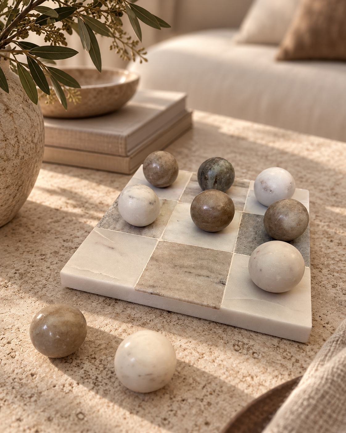 White & Beige Marble Tic-Tac-Toe Game