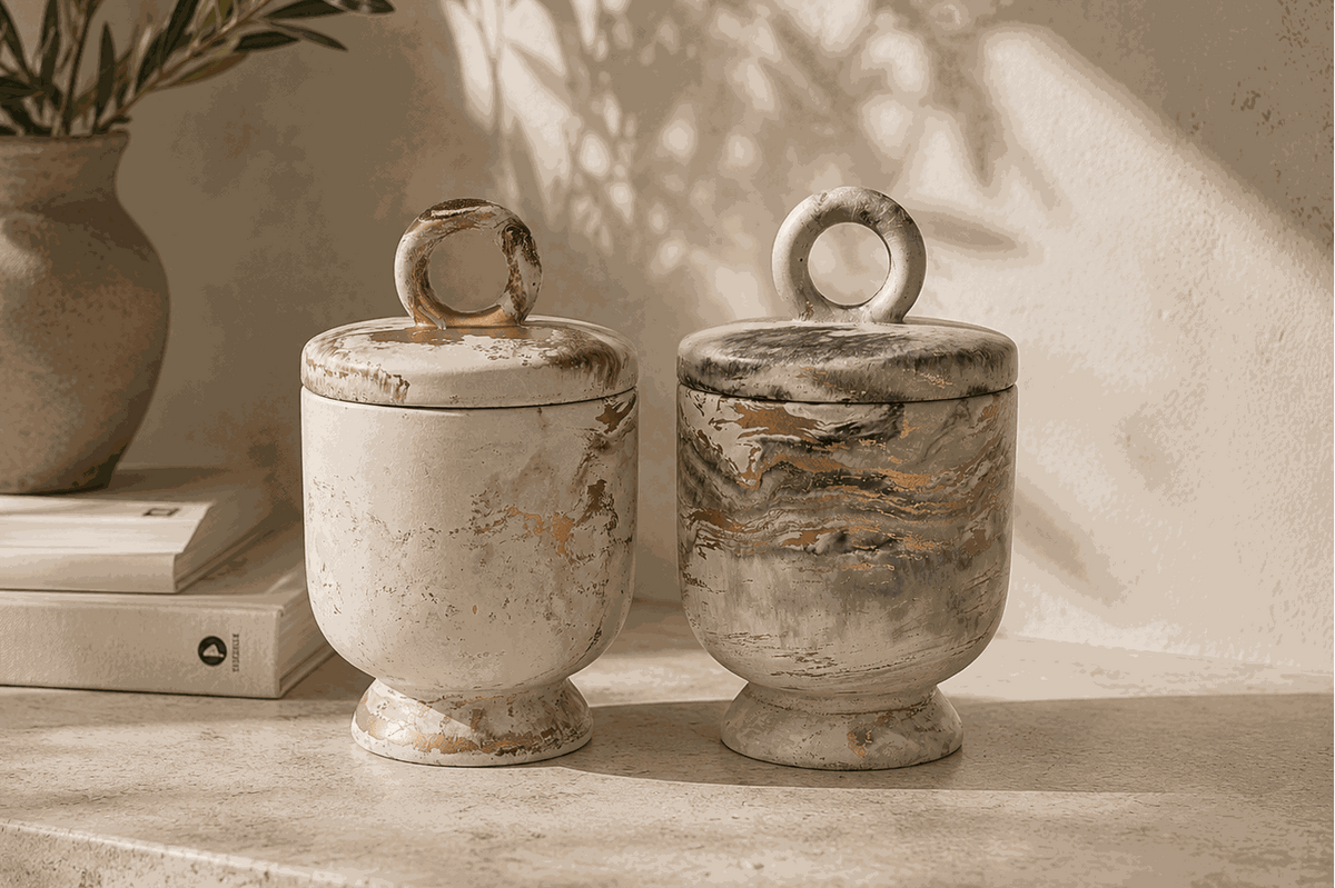 Calista Candle Pot in cream and gray marbled concrete, with rounded vessels, loop handles, and pedestal bases
