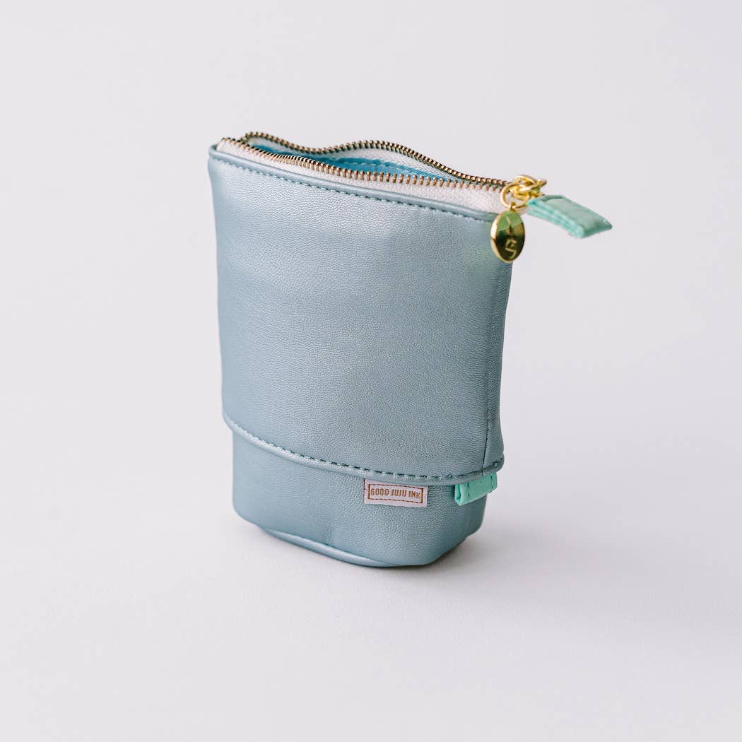 Luxe Standing Pencil Pouch | Metallic Blue Sky