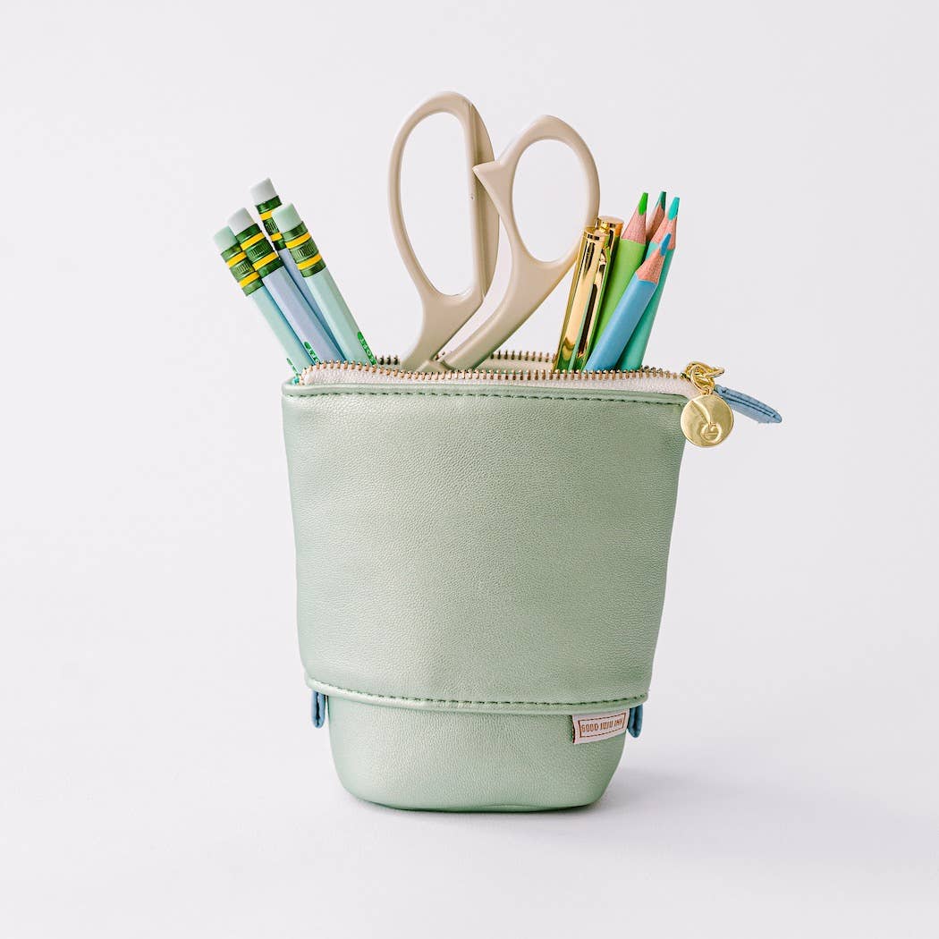 Luxe Standing Pencil Pouch | Metallic Seafoam Green