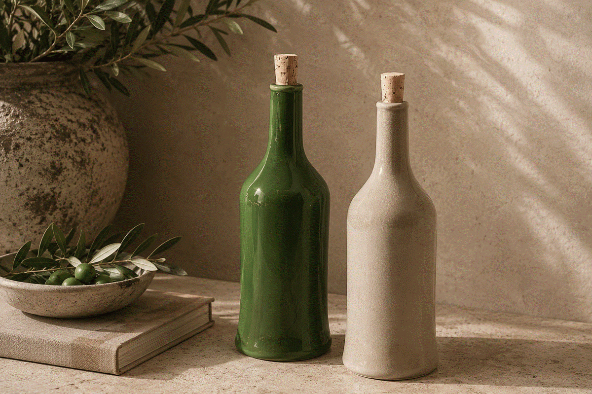 Handmade Stoneware Olive Oil Dispenser in glossy olive green and matte beige, each with a classic bottle shape and cork stopper