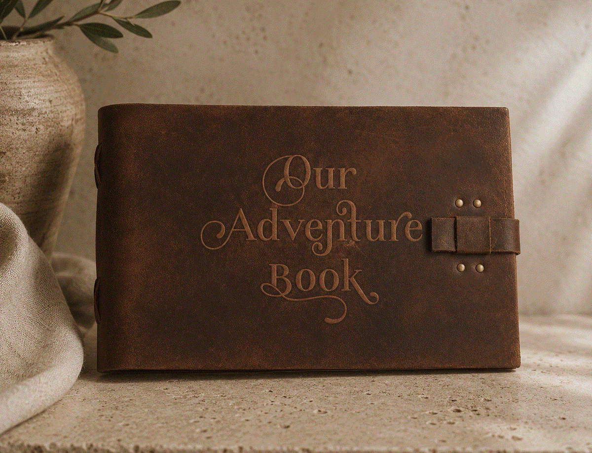 Story Keeper Leather Journal in distressed dark brown leather, embossed with “Our Adventure Book” and a buckle strap