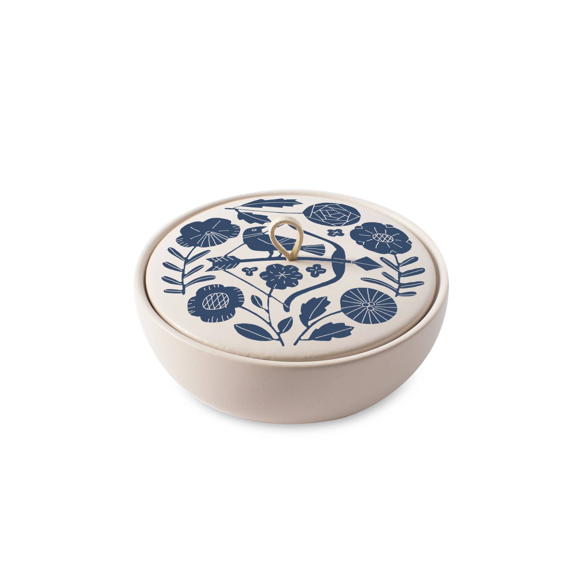 The Rooted Home ceramic zodiac trinket box with a matte finish, blue floral lid design, and faux suede loop handle.