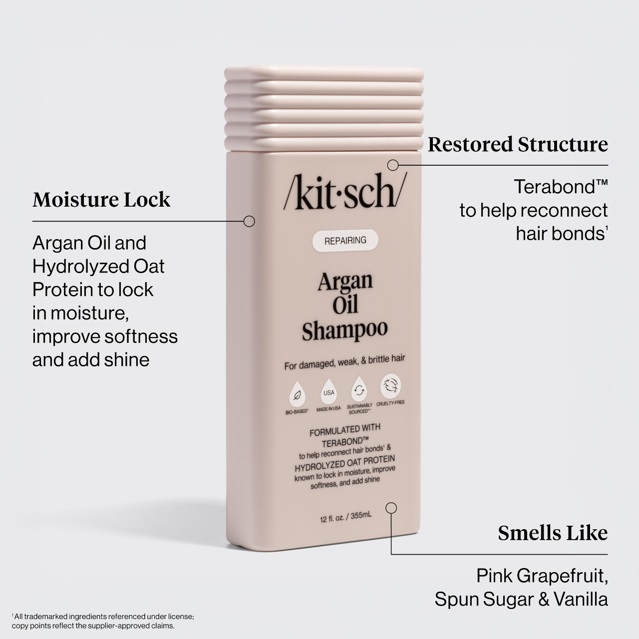 The Rooted Home Kitsch repairing argan oil shampoo bottle with text highlighting hair bond repair and ingredients.