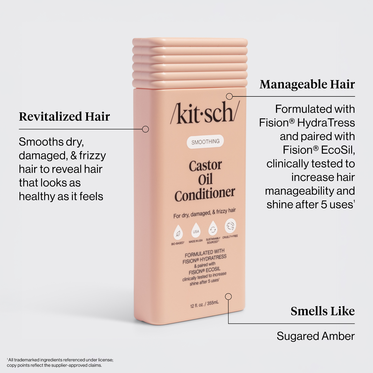The Rooted Home Kitsch Castor Oil smoothing conditioner bottle in a soft peach colour for dry and frizzy hair.