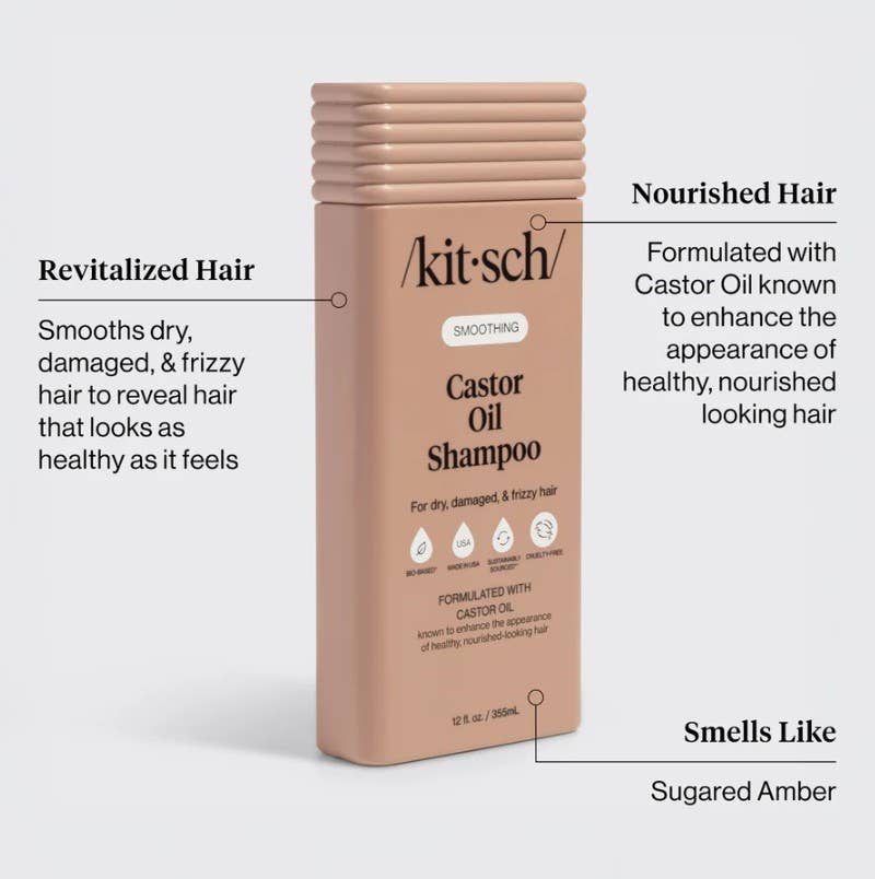 The Rooted Home Kitsch smoothing castor oil shampoo bottle for dry, damaged, and frizzy hair with sugared amber scent.