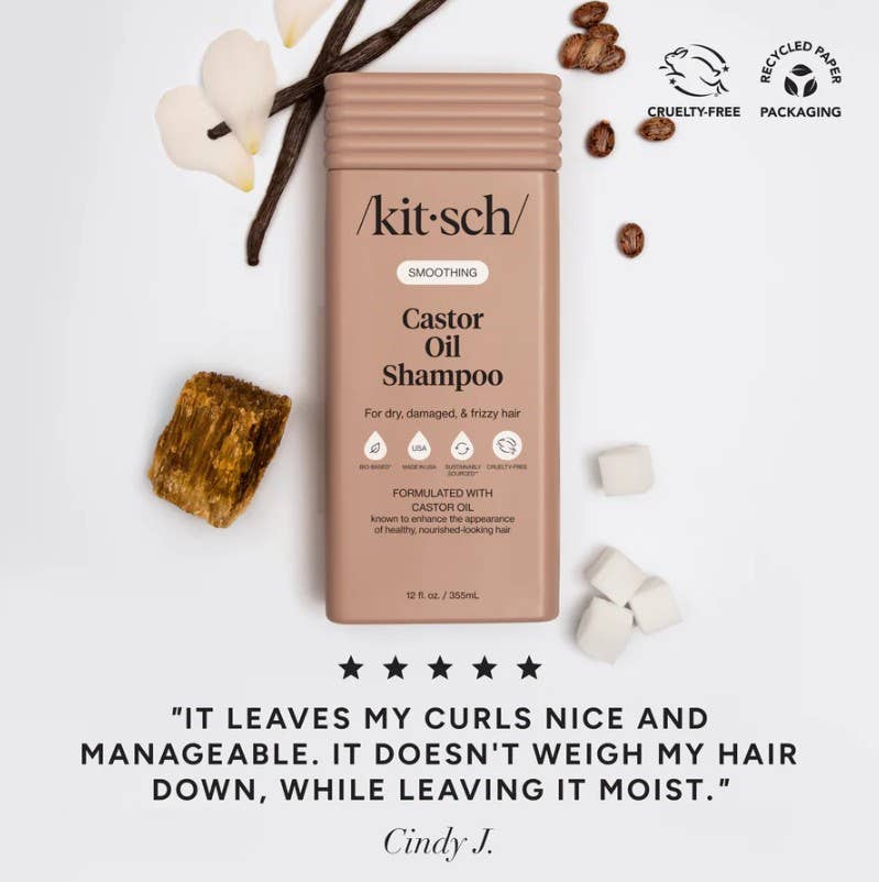 The Rooted Home Kitsch smoothing castor oil shampoo bottle for dry and frizzy hair with natural ingredients