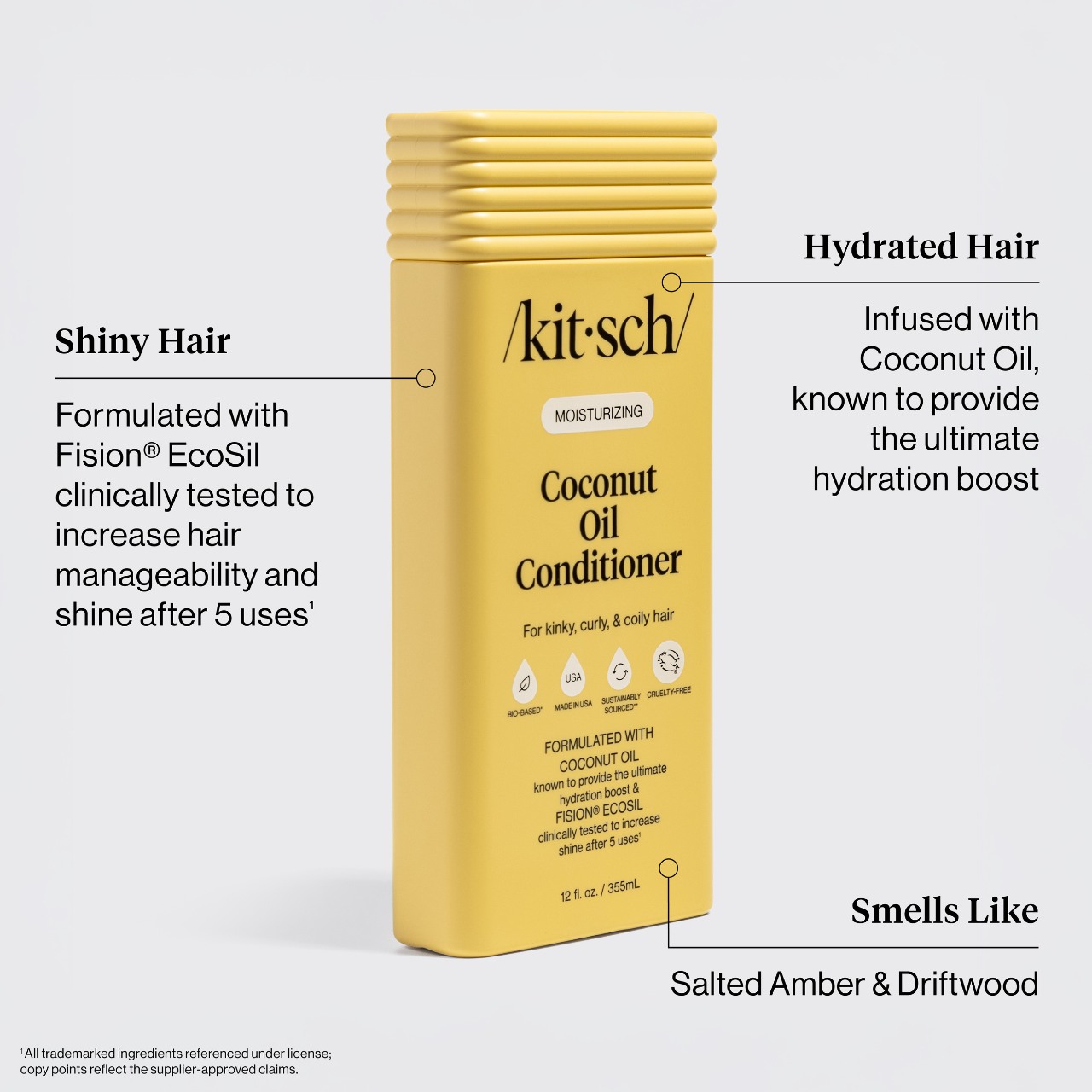 The Rooted Home Kitsch moisturizing coconut oil conditioner bottle in yellow packaging for hydrated, shiny hair.