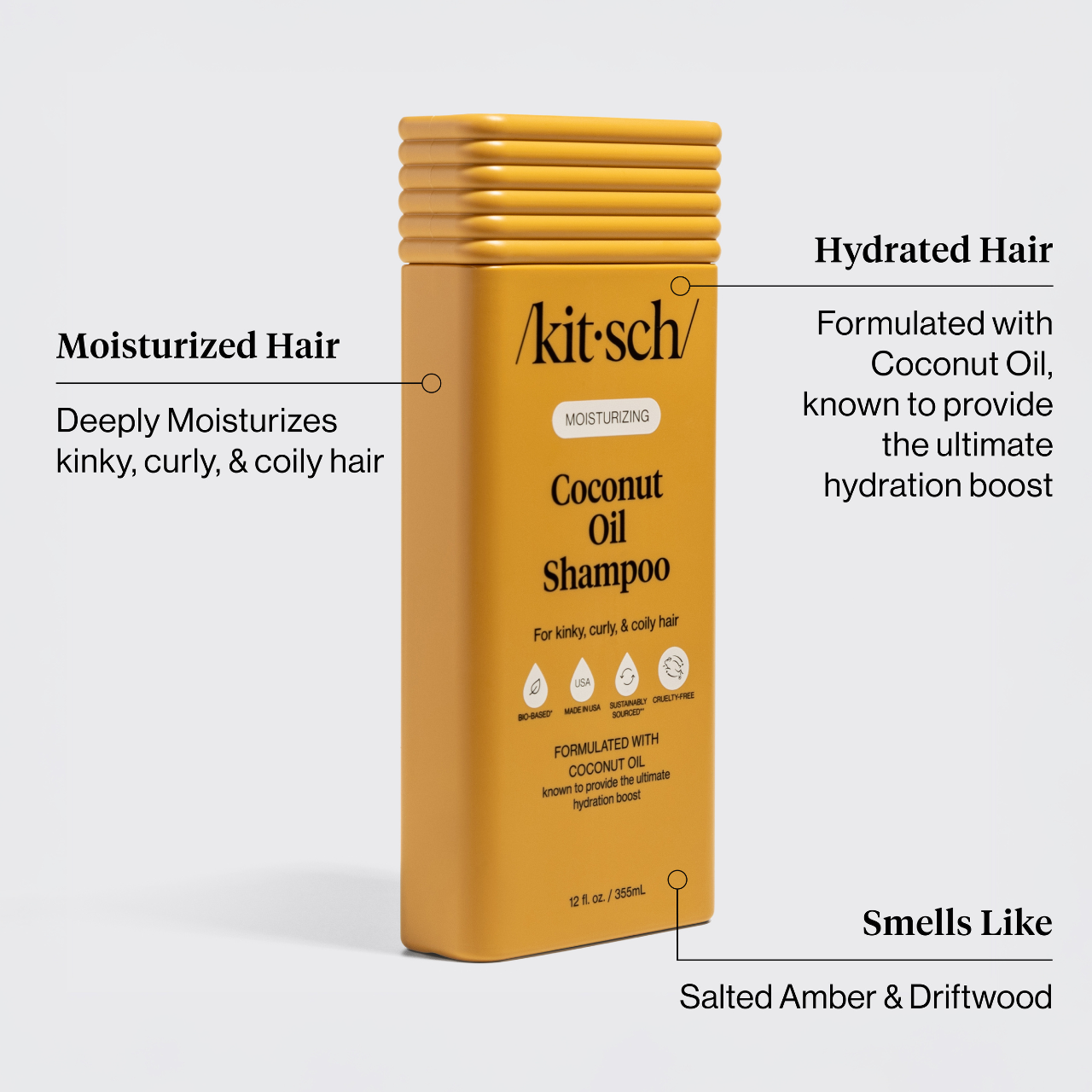 The Rooted Home Kitsch moisturizing coconut oil shampoo bottle for curly and coily hair in a yellow container