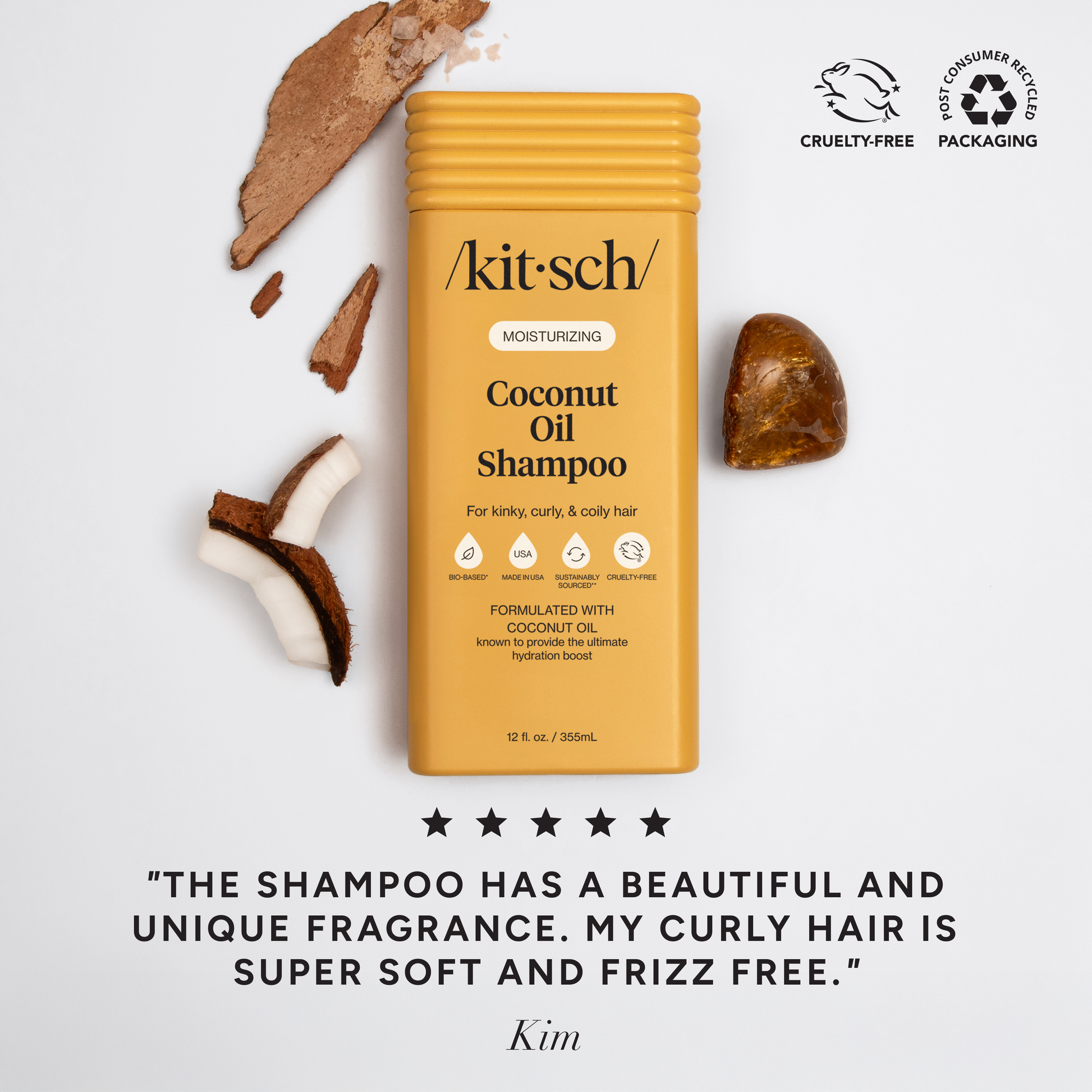 The Rooted Home Kitsch moisturizing coconut oil shampoo bottle for curly hair with coconut pieces and amber stone