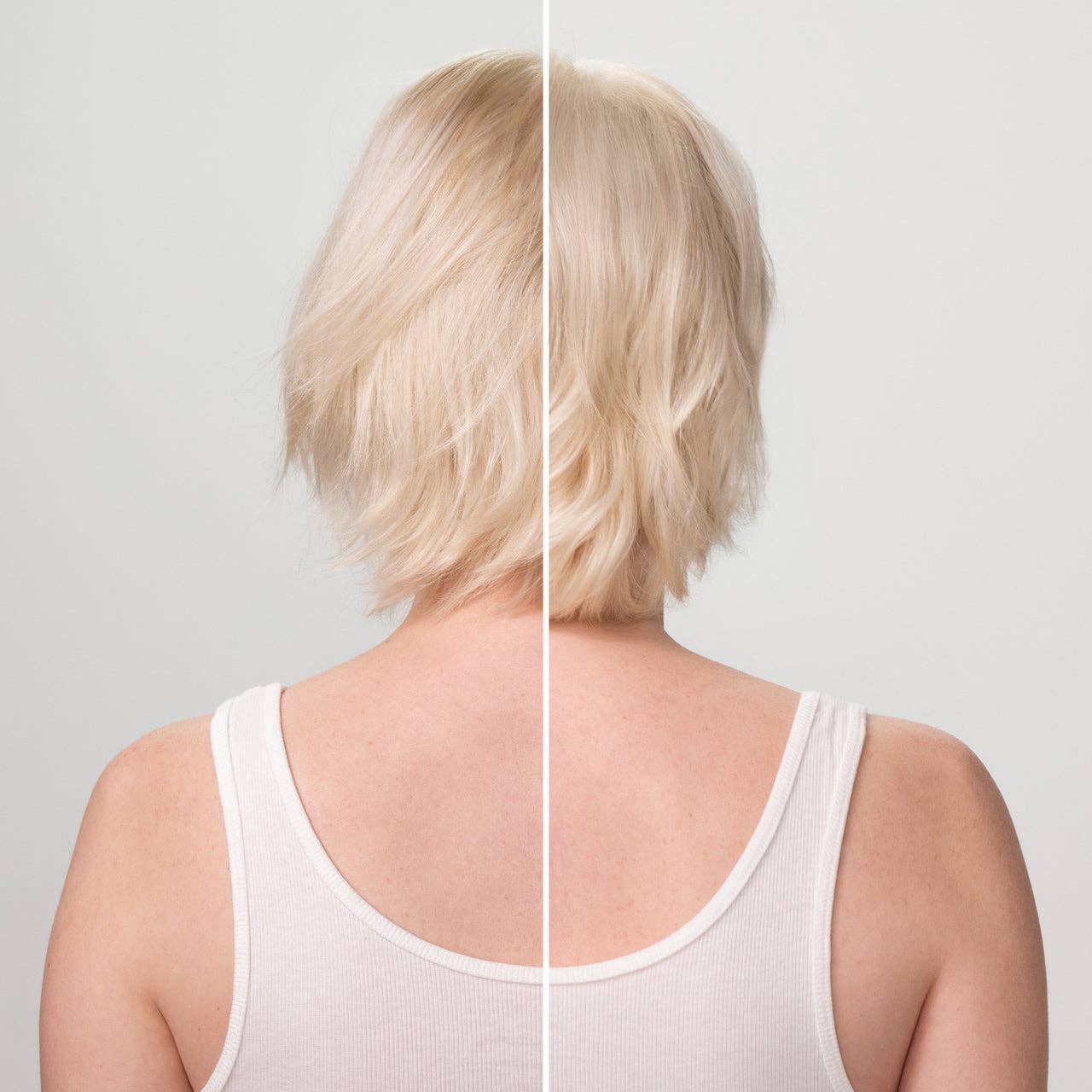 The Rooted Home Kitsch hair care before and after comparison showing improved shine and texture on blonde hair