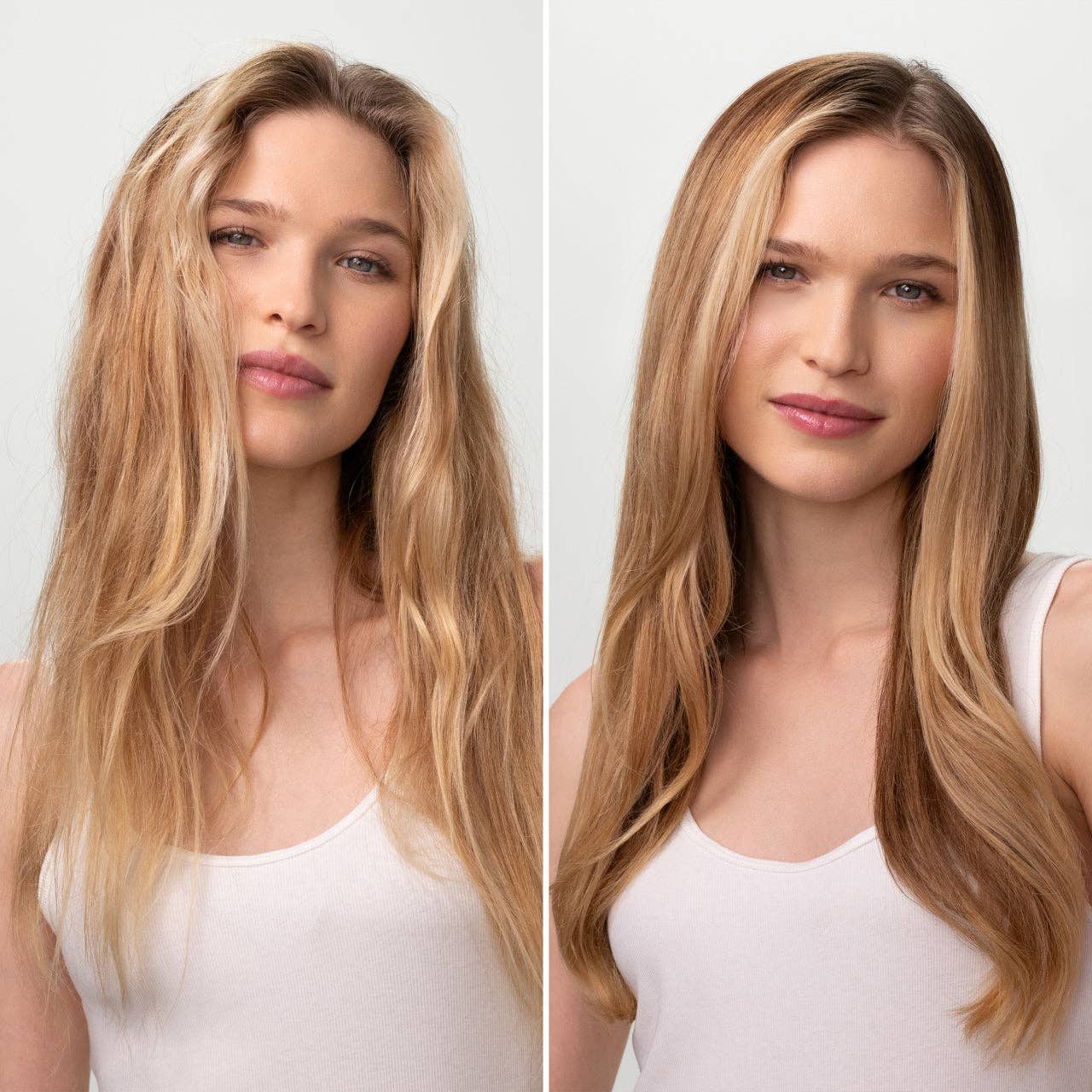 The Rooted Home Kitsch hair care results showing a woman with frizzy hair before and smooth shiny hair after treatment