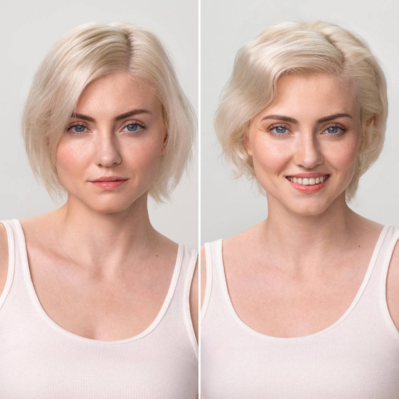 The Rooted Home Kitsch hair care collection model showing healthy, voluminous, and shiny blonde hair before and after.