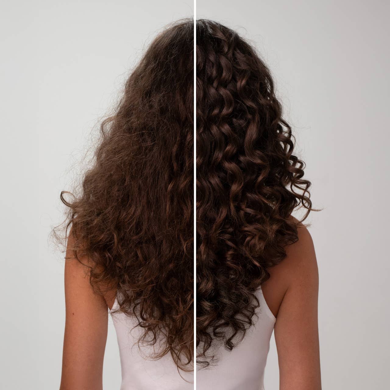 The Rooted Home Kitsch hair care before and after showing frizzy hair transformed into smooth, defined curls.