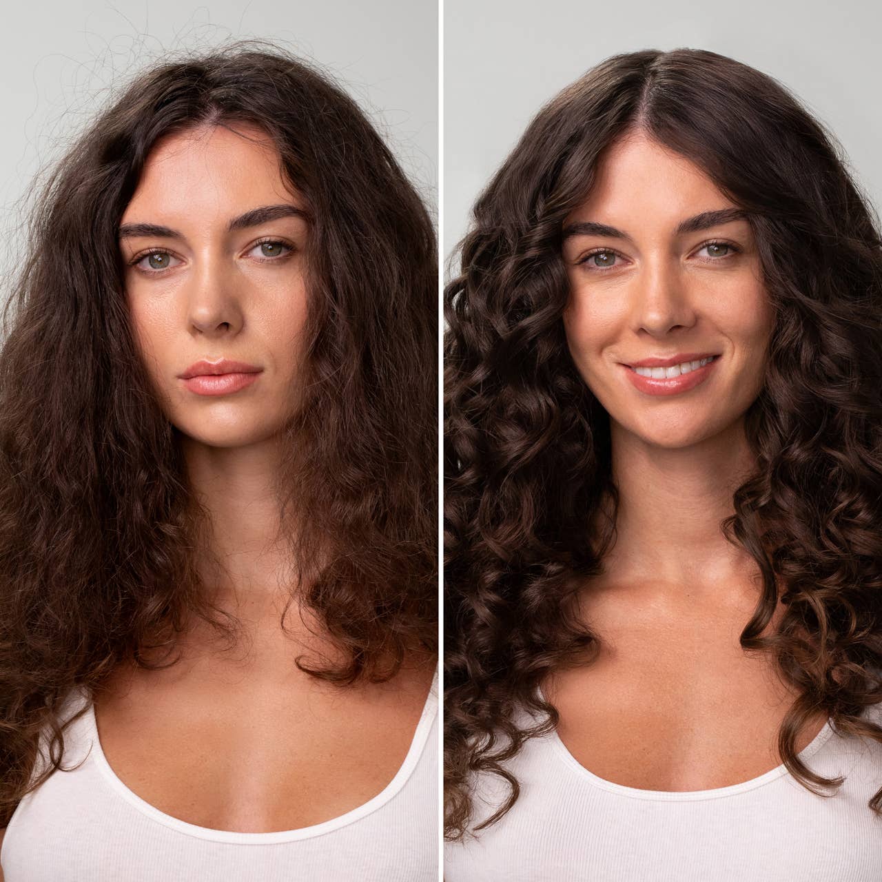 The Rooted Home Kitsch hair care before and after showing frizzy hair transformed into smooth, defined curls.