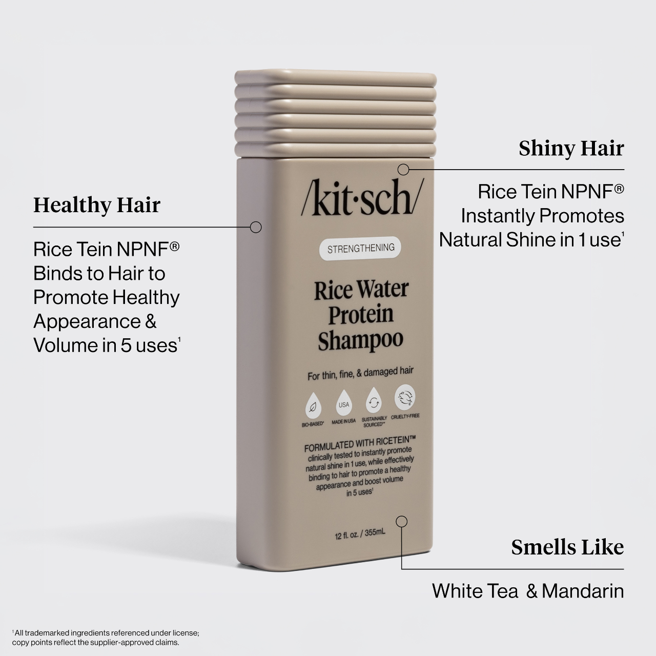 The Rooted Home Kitsch Strengthening Rice Water Protein Shampoo bottle for thin, fine, and damaged hair.