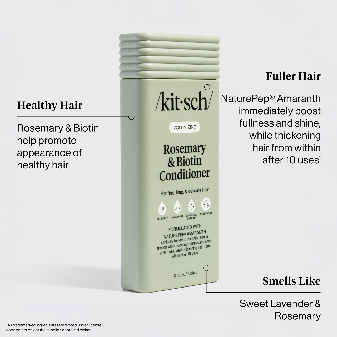 The Rooted Home Kitsch Volumizing Rosemary & Biotin conditioner bottle in light green with clean beauty labels.