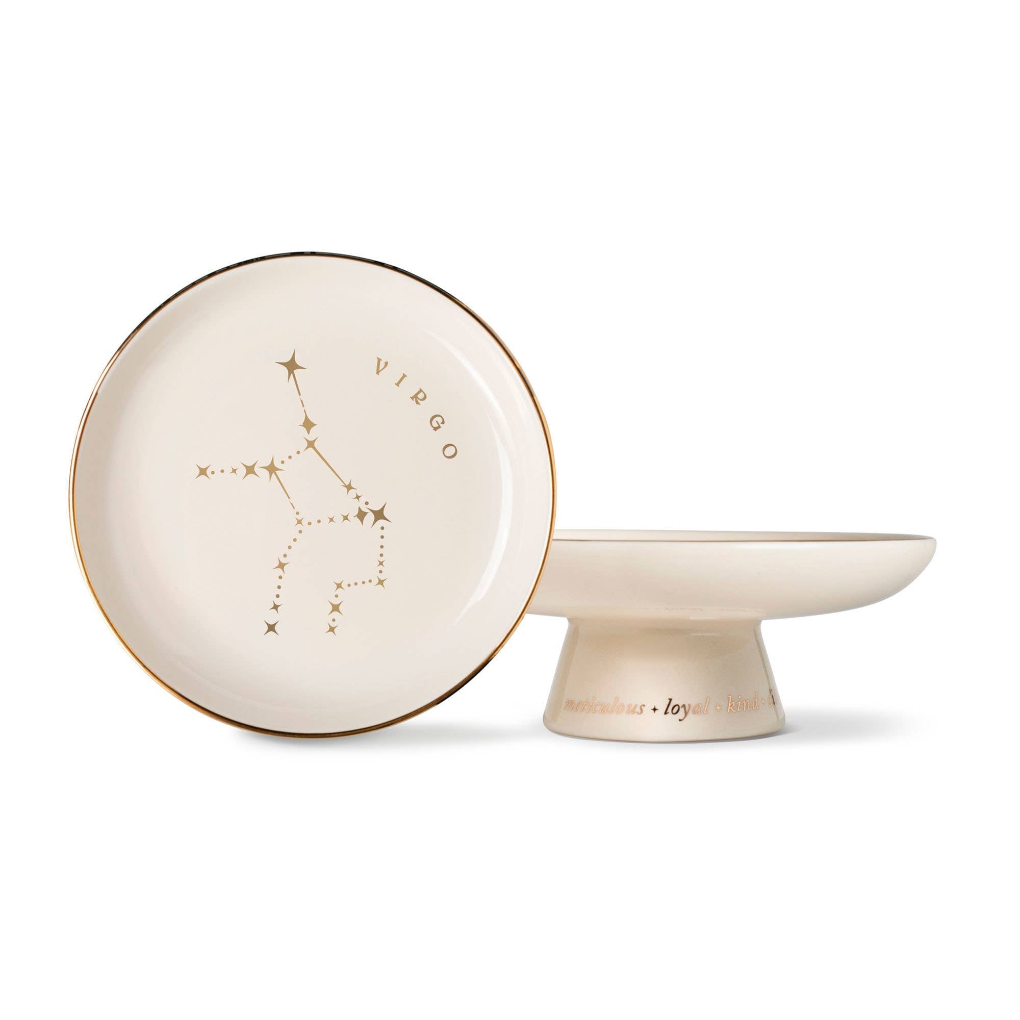 The Rooted Home Virgo zodiac pedestal tray in stoneware with metallic gold foil constellation and personality traits.
