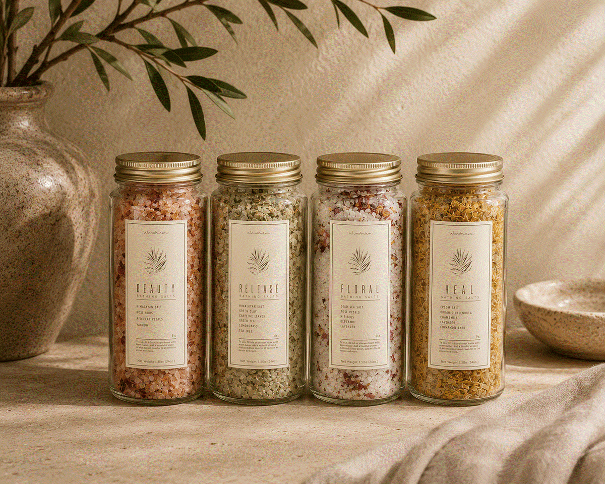 WildFlora Bath Salts in four clear glass jars with gold lids, showing pink, green, cream and yellow mineral blends