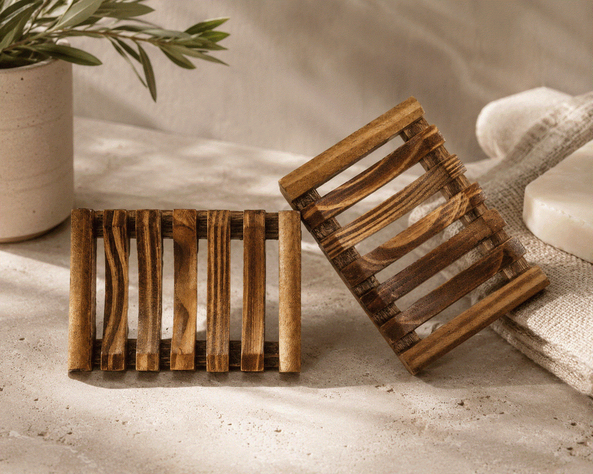 Wooden Soap Dish set of two brown wood trays with open slatted designs and raised side rails for drainage